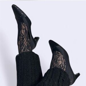 St. John evening chic black satin shimmer pointed toe heels size 8.5